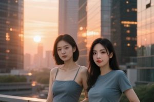 城市天台浪漫局:10组晚霞漫过发丝+玻璃幕墙倒影的美少女AI绘图提示词