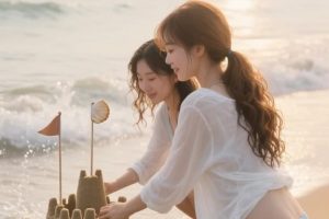 海边的约定:10组堆沙堡、捡贝壳、牵手奔跑+浪花飞溅的美少女青春写真AI绘图提示词分享